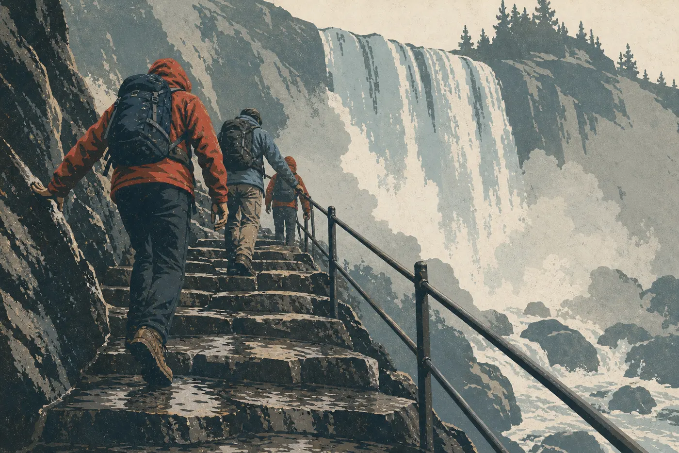 Illustration sérigraphiée : Des randonneurs gravissent les marches humides du Mist Trail au pied de Vernal Fall