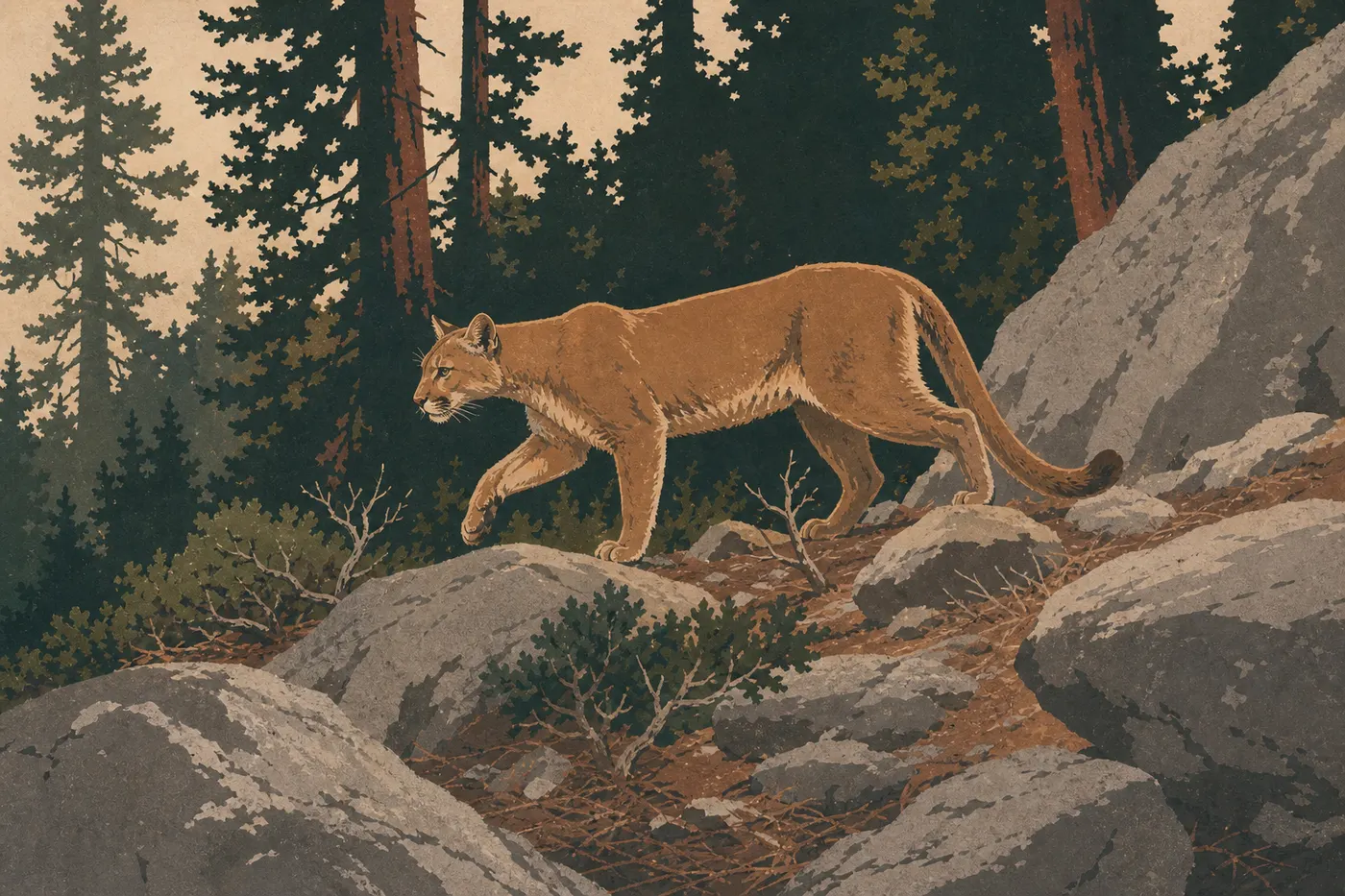 Screen-printed illustration: A mountain lion moves quietly among the rocks and conifers of Yosemite's rugged mountains.