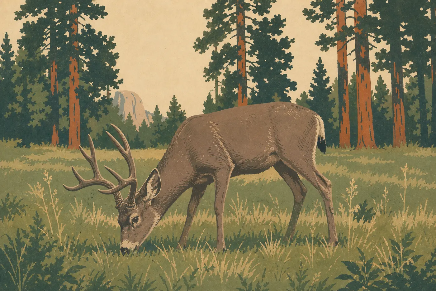 Screen-printed illustration: A mule deer buck grazes in a meadow in Yosemite Valley beneath the pines.