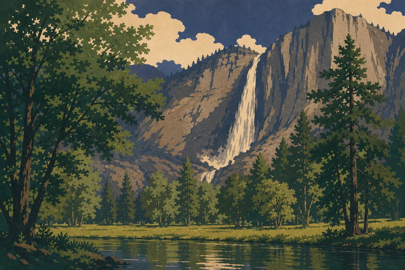 Illustration sérigraphiée : Yosemite Falls plonge à plein débit au printemps derrière une prairie verte de Yosemite Valley