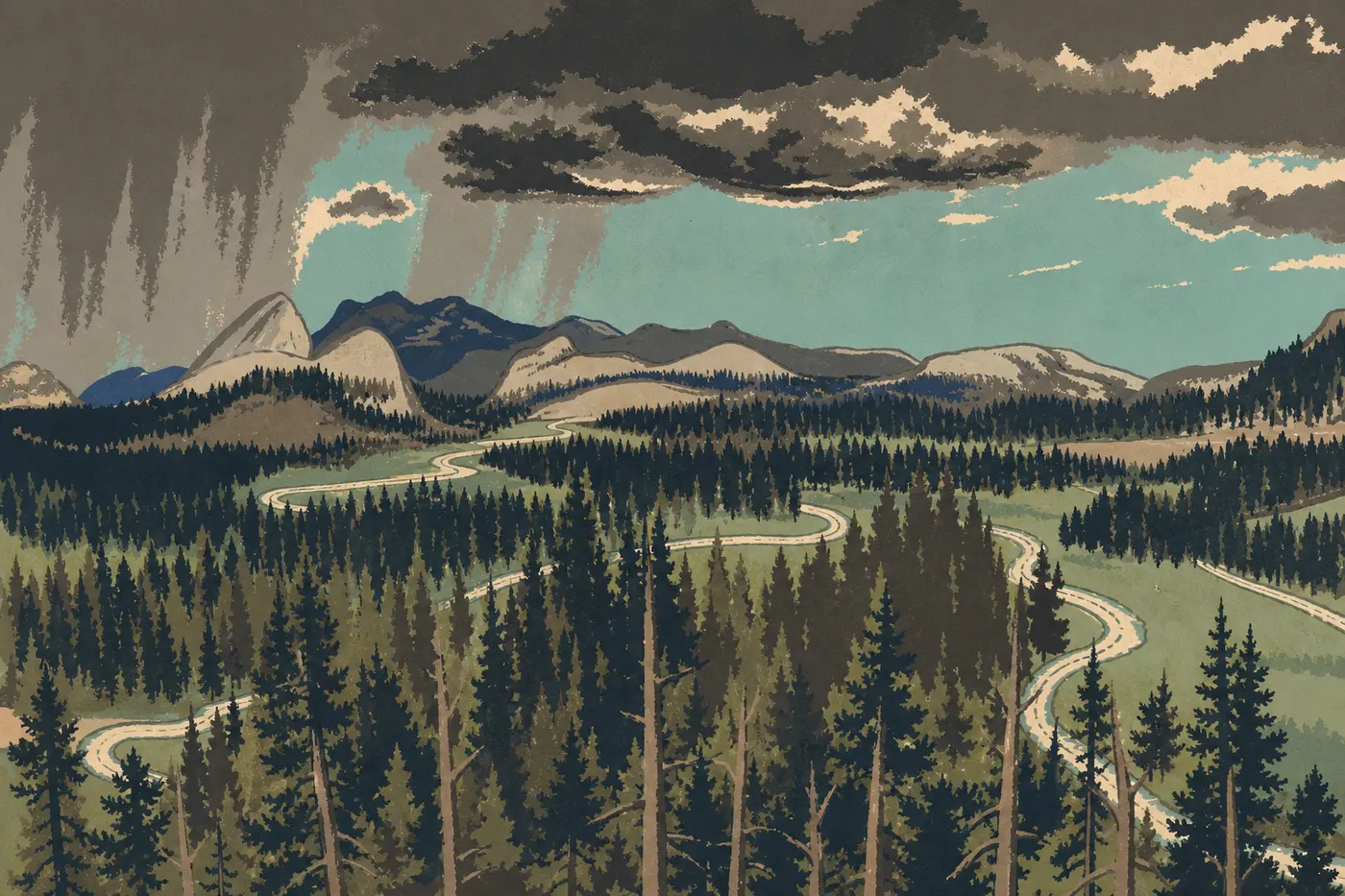 Illustration sérigraphiée : Tioga Road serpente entre les dômes granitiques et les prairies subalpines de Tuolumne Meadows