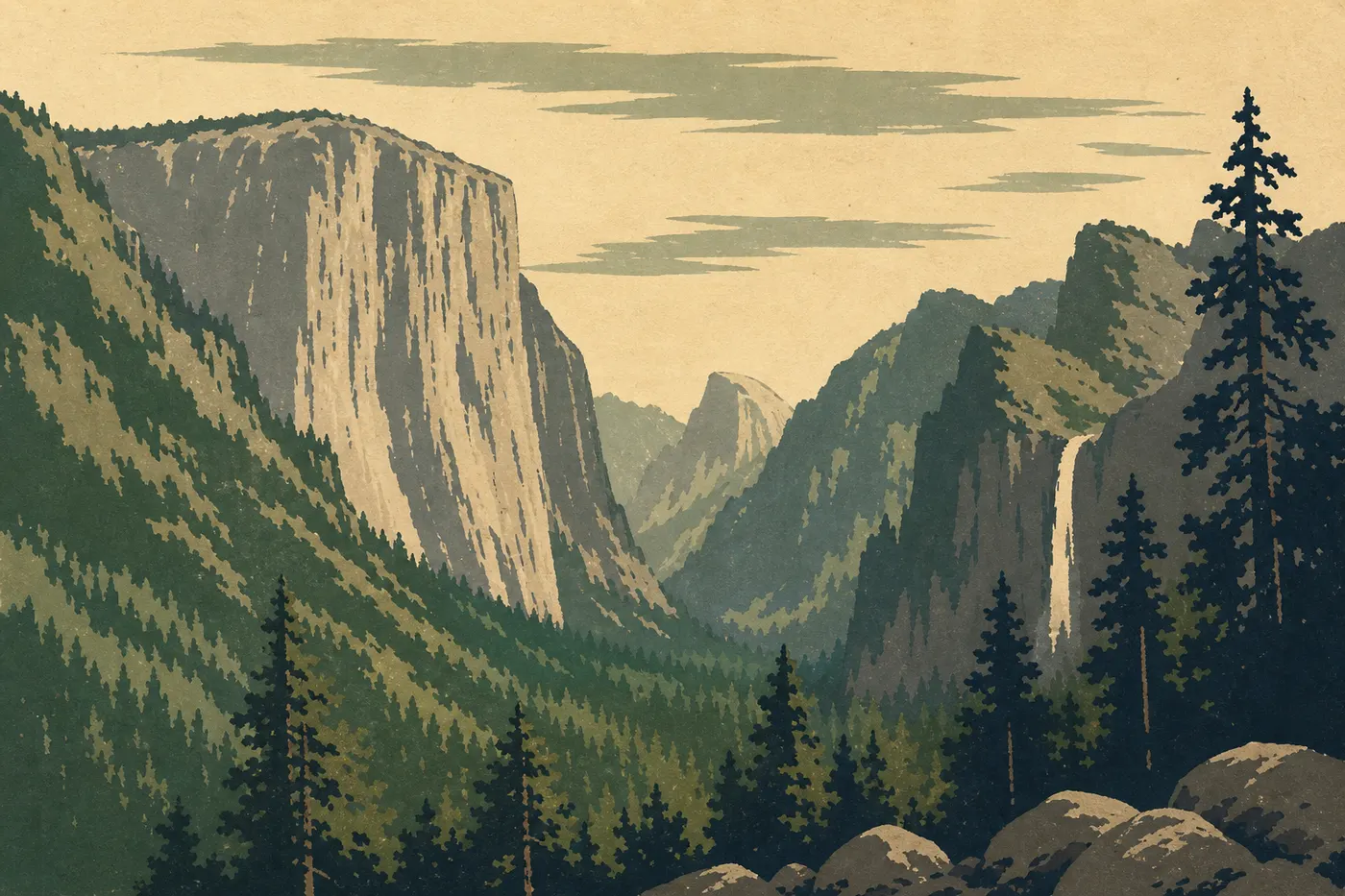 Illustration sérigraphiée : Tunnel View encadre El Capitan, Half Dome et Bridalveil Fall au-dessus de la vallée boisée