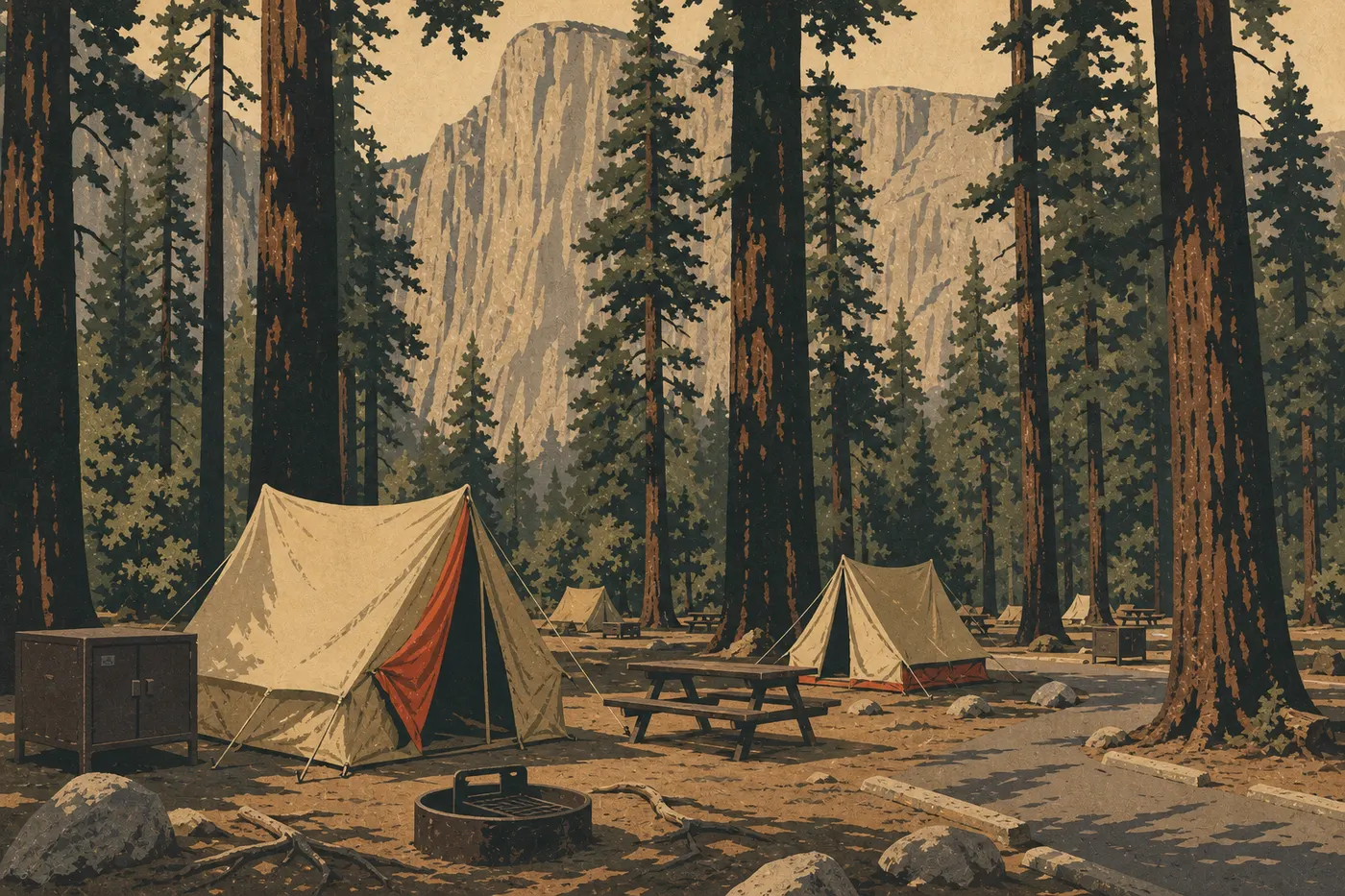 Illustration sérigraphiée : Des tentes occupent Upper Pines Campground sous les grands conifères et les parois de Yosemite Valley