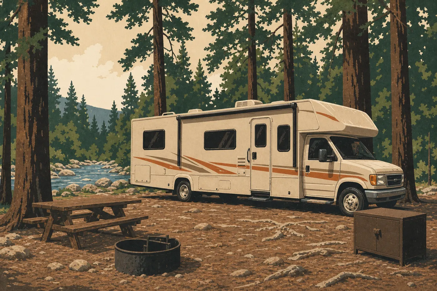 Illustration sérigraphiée : Un camping-car stationne au Wawona Campground parmi les pins près de la South Fork Merced River