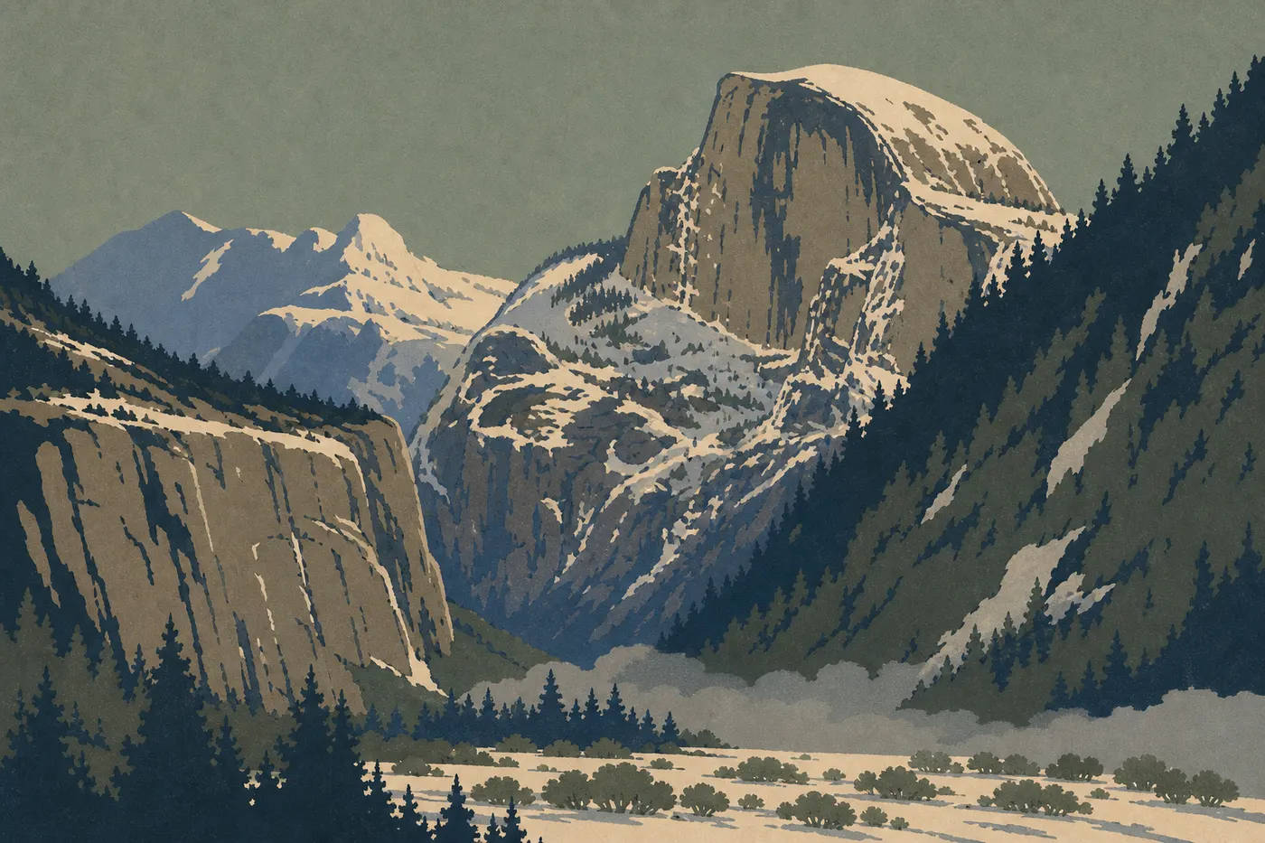 Screen-printed illustration: Snow-covered Yosemite Valley reveals El Capitan among white conifers and winter mist.