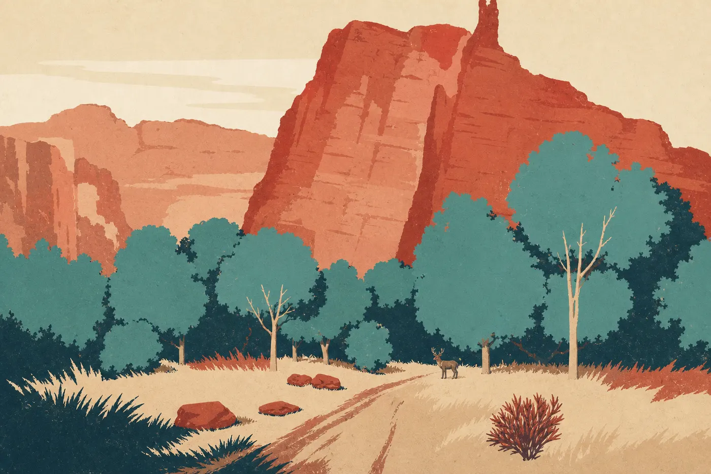 Illustration sérigraphiée : Un cerf mulet broute dans une prairie du fond de Zion Canyon bordée de peupliers.