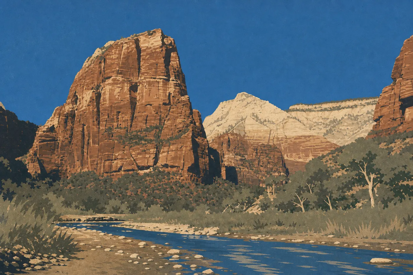 Screen-printed illustration: The Virgin River, lined with green cottonwoods, cools the floor of Zion Canyon in midsummer.