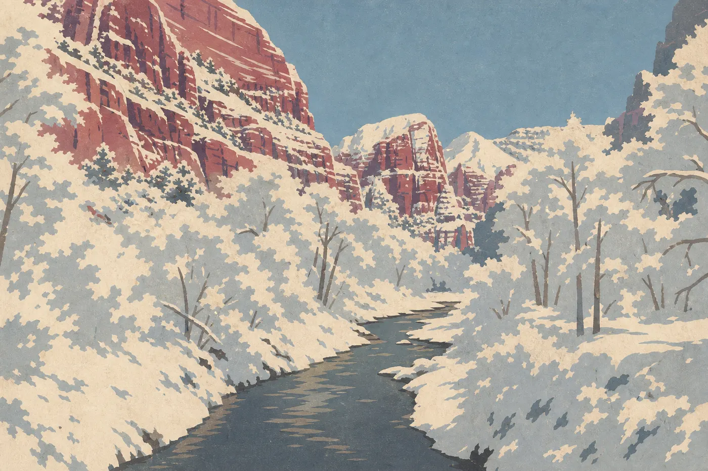 Screen-printed illustration: Snow highlights the red layers of Zion Canyon's cliffs in clear winter light.