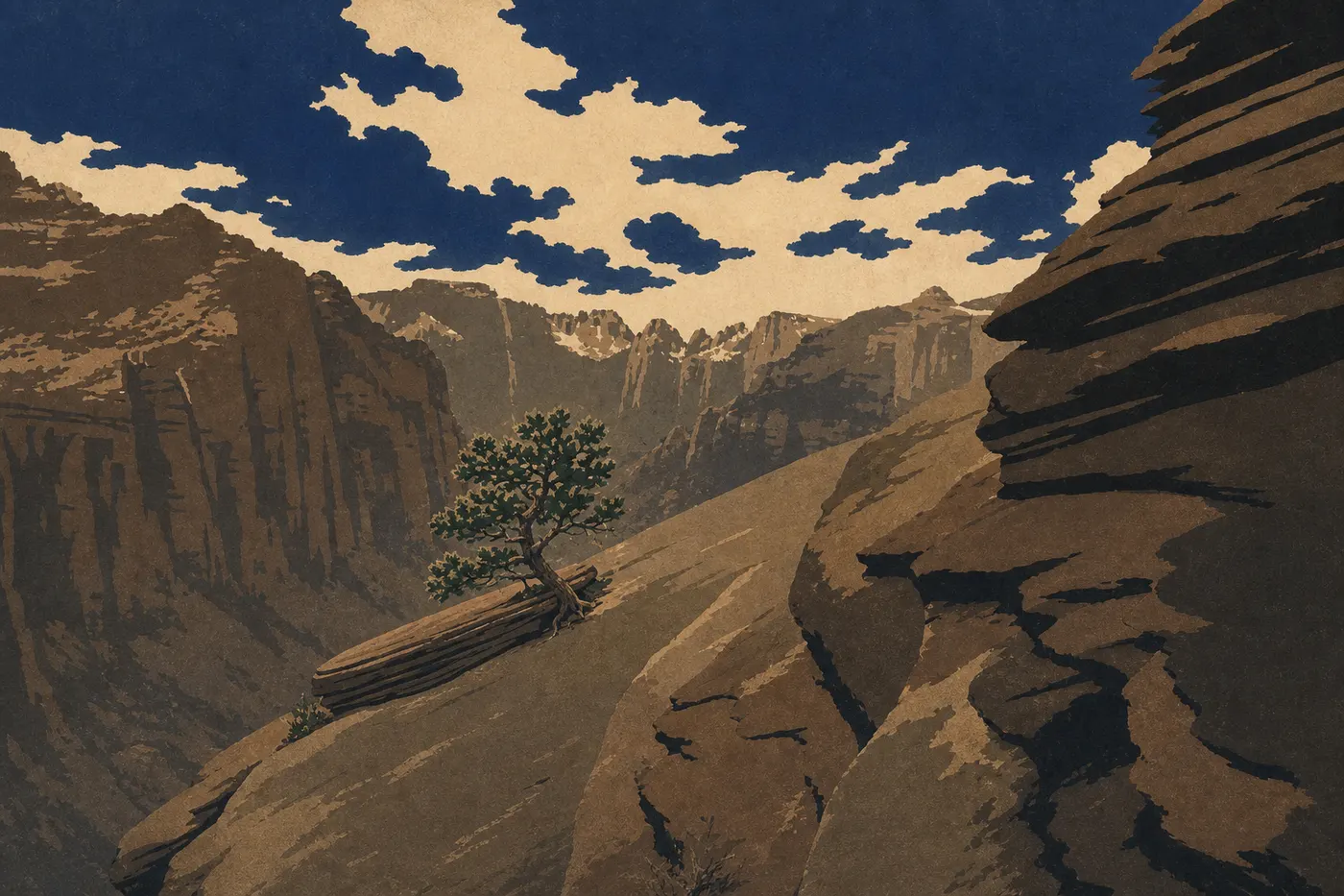 Illustration sérigraphiée : Depuis Canyon Overlook, le regard embrasse Pine Creek Canyon, la route en lacets et les sommets environnants.