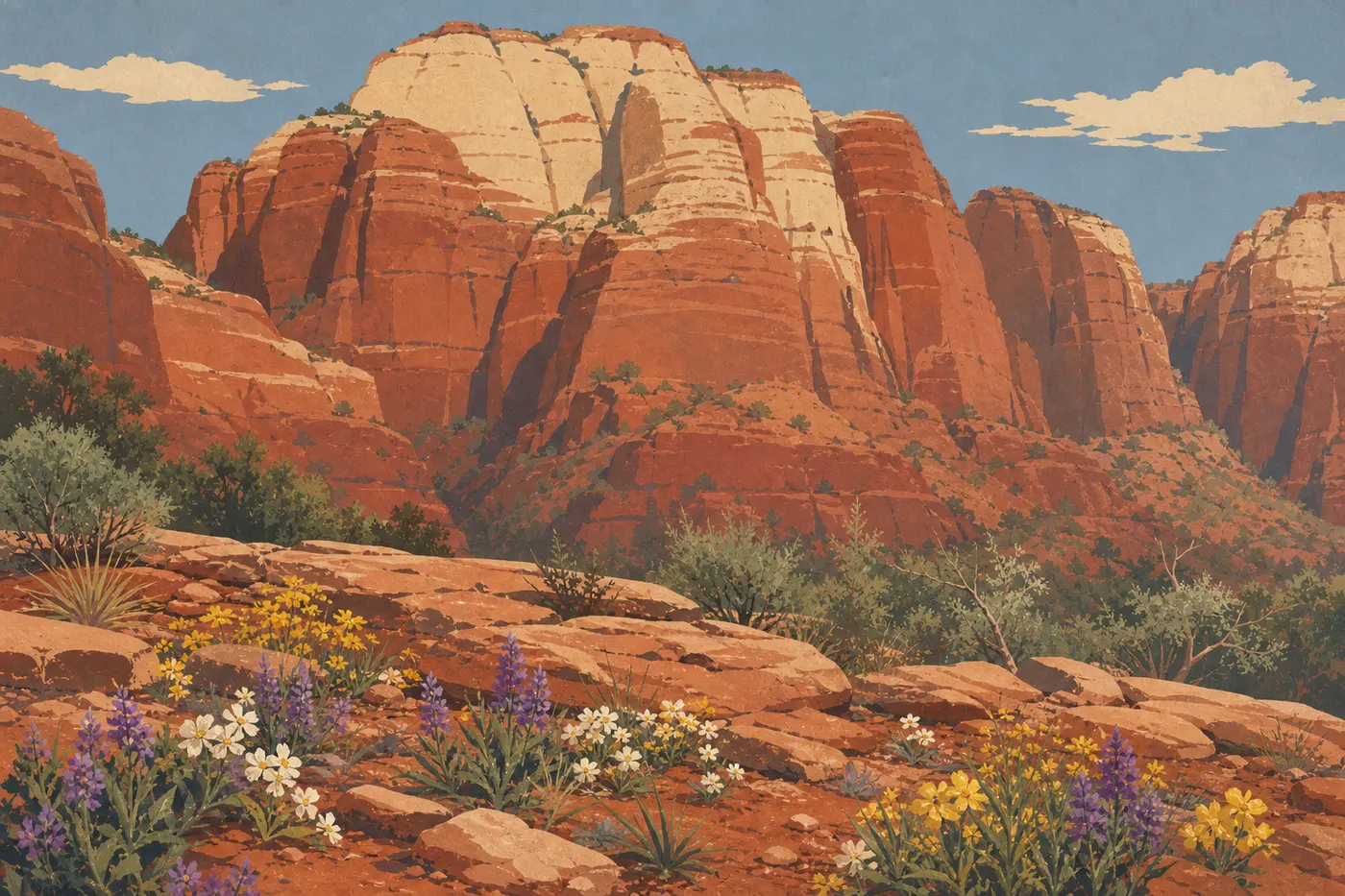 Screen-printed illustration: Spring wildflowers color rocky terraces before Zion's red cliffs.