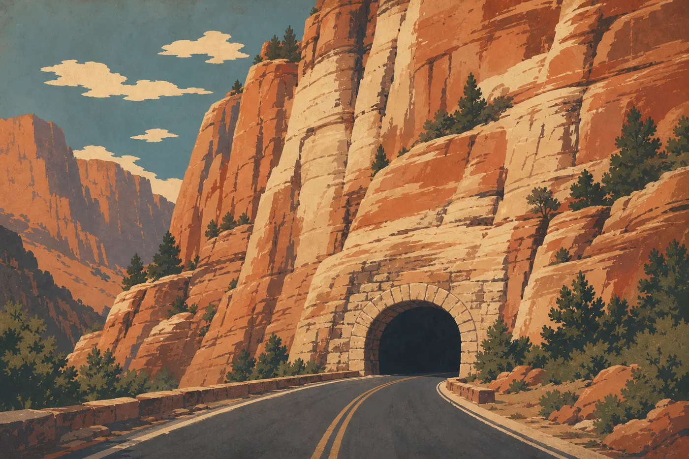 Illustration sérigraphiée : La route UT-9 s’engage dans le Zion–Mount Carmel Tunnel au pied des imposantes parois de grès.
